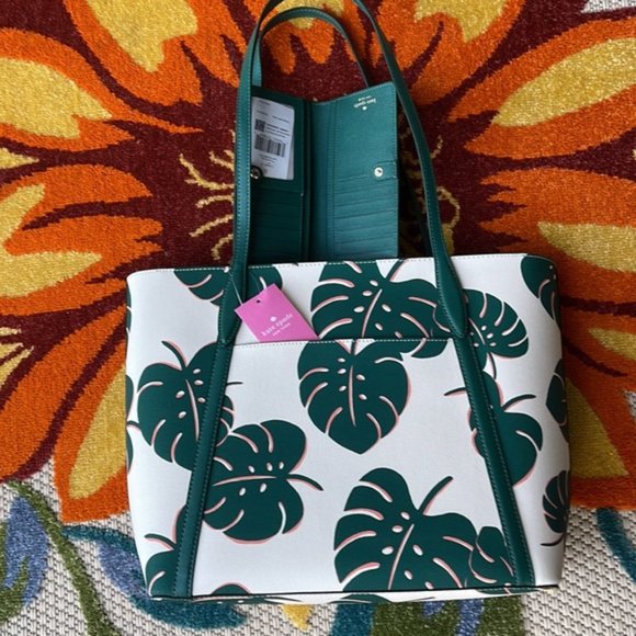 Kate Spade Cara Large Tote Monstera Leaves & Large Slim Bifold Wallet Cream Mult - Picture 16 of 16